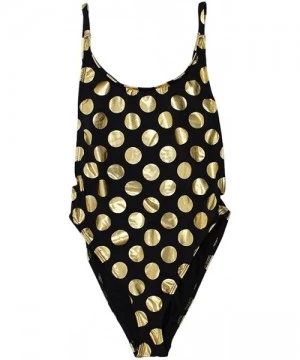 One-Pieces Women's High Cut Vintage Swimsuit - Thin Strap - Black Gold Polka Dot - CE18CY8T6X0