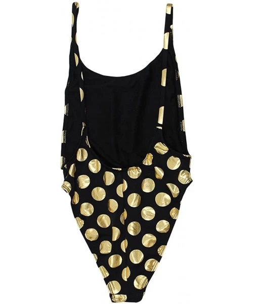 One-Pieces Women's High Cut Vintage Swimsuit - Thin Strap - Black Gold Polka Dot - CE18CY8T6X0