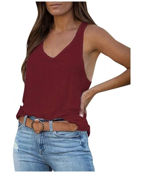 Rash Guards Womens Deep V Neck Tank Tops Sleeveless Pleated Back Closure Casual Tank Tops - Wine - C01979L5W9R