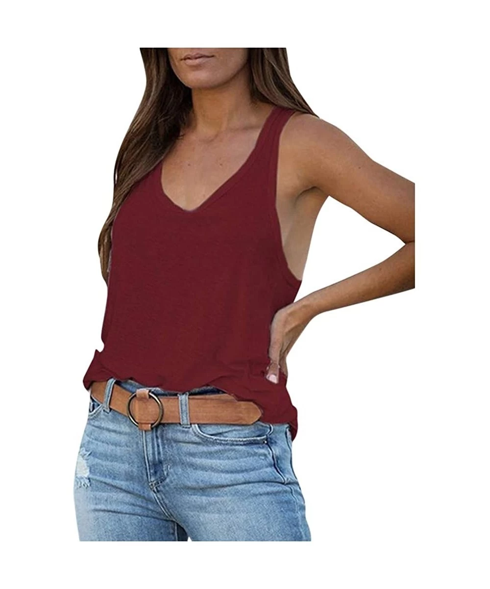 Rash Guards Womens Deep V Neck Tank Tops Sleeveless Pleated Back Closure Casual Tank Tops - Wine - C01979L5W9R