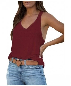 Rash Guards Womens Deep V Neck Tank Tops Sleeveless Pleated Back Closure Casual Tank Tops - Wine - C01979L5W9R