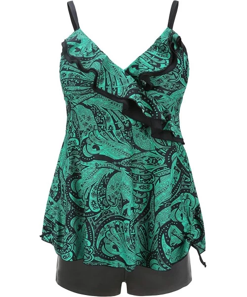 Sets Womens Plus Size Swimsuits Swimwear Bathing Suit Two Piece Tankini Floral Print - Green & Black - C418RKWLG6R