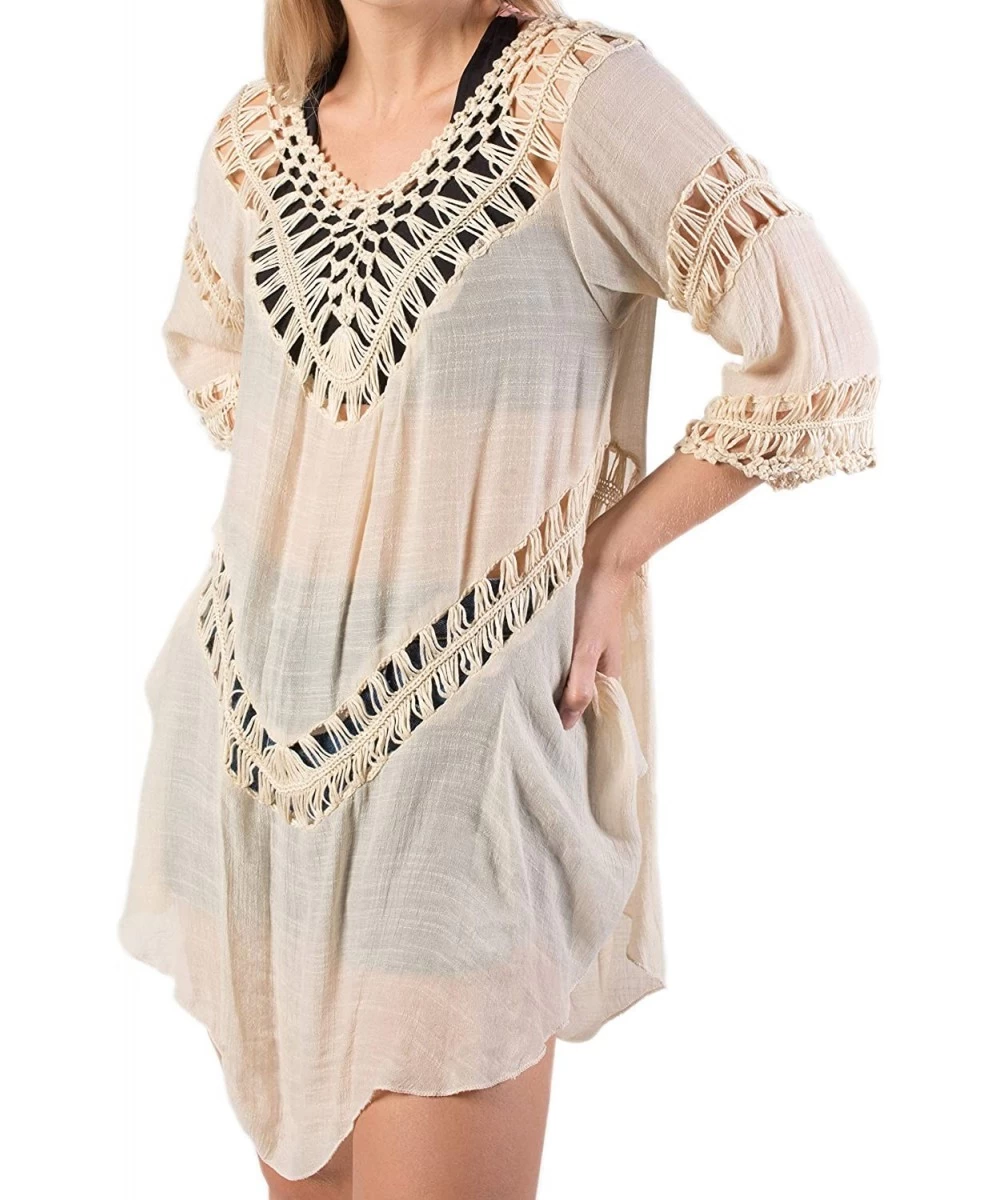 Cover-Ups Women's Crochet Beach Swimsuit Cover Up Bohemian Top - Beige - CU18KZGRWSX