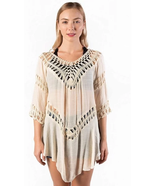 Cover-Ups Women's Crochet Beach Swimsuit Cover Up Bohemian Top - Beige - CU18KZGRWSX