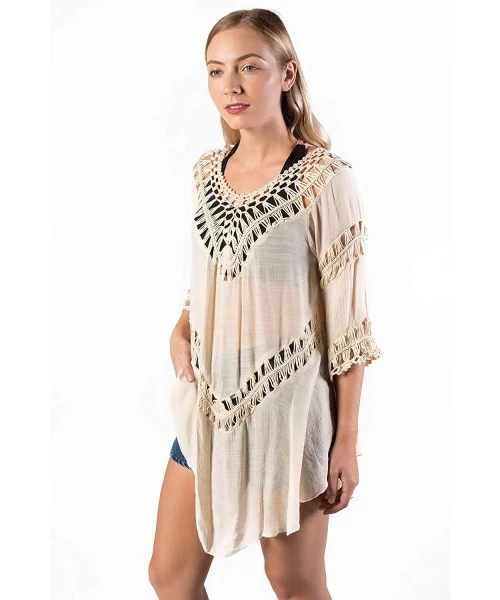 Cover-Ups Women's Crochet Beach Swimsuit Cover Up Bohemian Top - Beige - CU18KZGRWSX