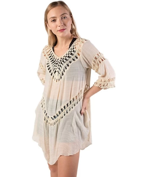 Cover-Ups Women's Crochet Beach Swimsuit Cover Up Bohemian Top - Beige - CU18KZGRWSX