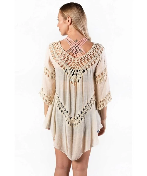 Cover-Ups Women's Crochet Beach Swimsuit Cover Up Bohemian Top - Beige - CU18KZGRWSX