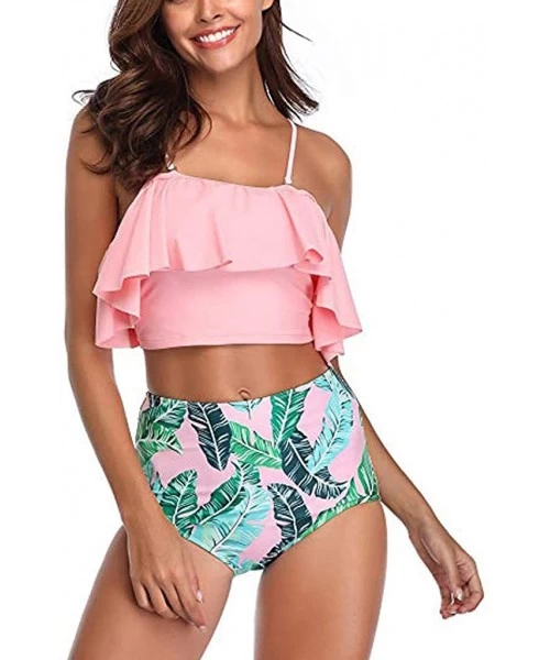 Sets Women High Waisted Swimsuit Two Piece Ruffled Flounce Top with Ruched Bottom Bikini Set Swimwear Bathing Suits Pink - CU...