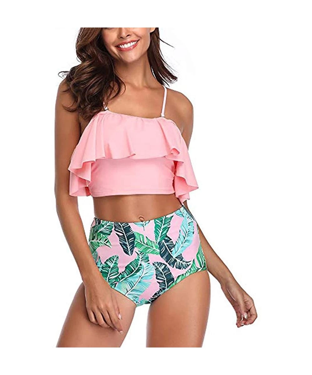 Sets Women High Waisted Swimsuit Two Piece Ruffled Flounce Top with Ruched Bottom Bikini Set Swimwear Bathing Suits Pink - CU...