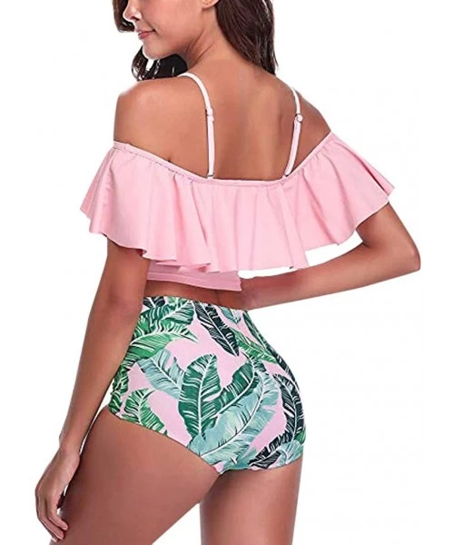 Sets Women High Waisted Swimsuit Two Piece Ruffled Flounce Top with Ruched Bottom Bikini Set Swimwear Bathing Suits Pink - CU...