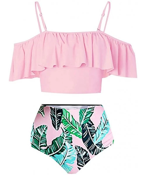 Sets Women High Waisted Swimsuit Two Piece Ruffled Flounce Top with Ruched Bottom Bikini Set Swimwear Bathing Suits Pink - CU...