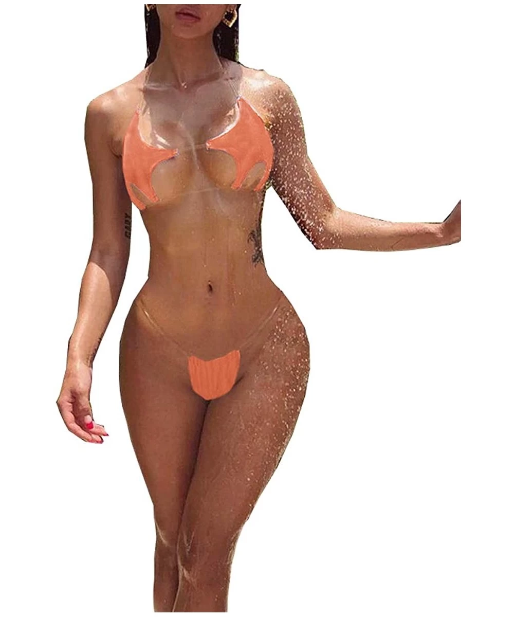 Sets Women's Sexy Two Piece Bandeau Swimsuit Cover Chests Top Bottom Transparent Transparent Strap Thong Set - Orange - CB18W...