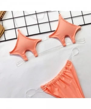 Sets Women's Sexy Two Piece Bandeau Swimsuit Cover Chests Top Bottom Transparent Transparent Strap Thong Set - Orange - CB18W...