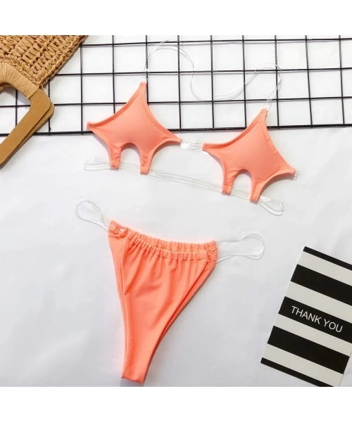 Sets Women's Sexy Two Piece Bandeau Swimsuit Cover Chests Top Bottom Transparent Transparent Strap Thong Set - Orange - CB18W...