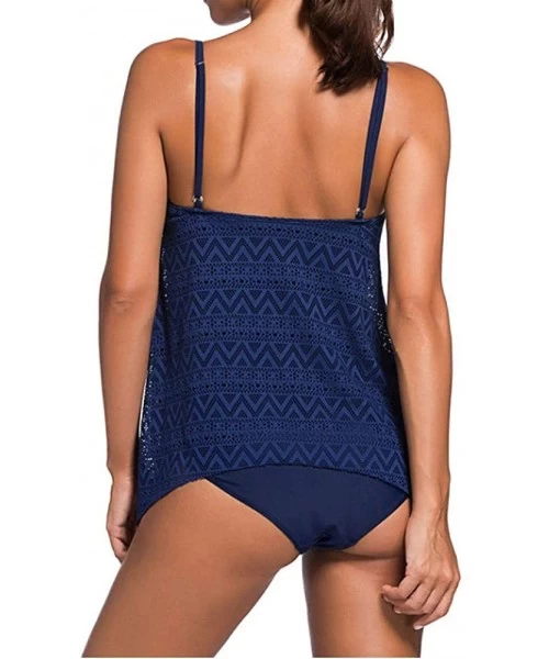 Sets Womens Layered Mesh Lace Overlay Two Piece Tankini Swimdress with Triangle Bikini Bottom Solid A-Line Swimsuit Dress - D...