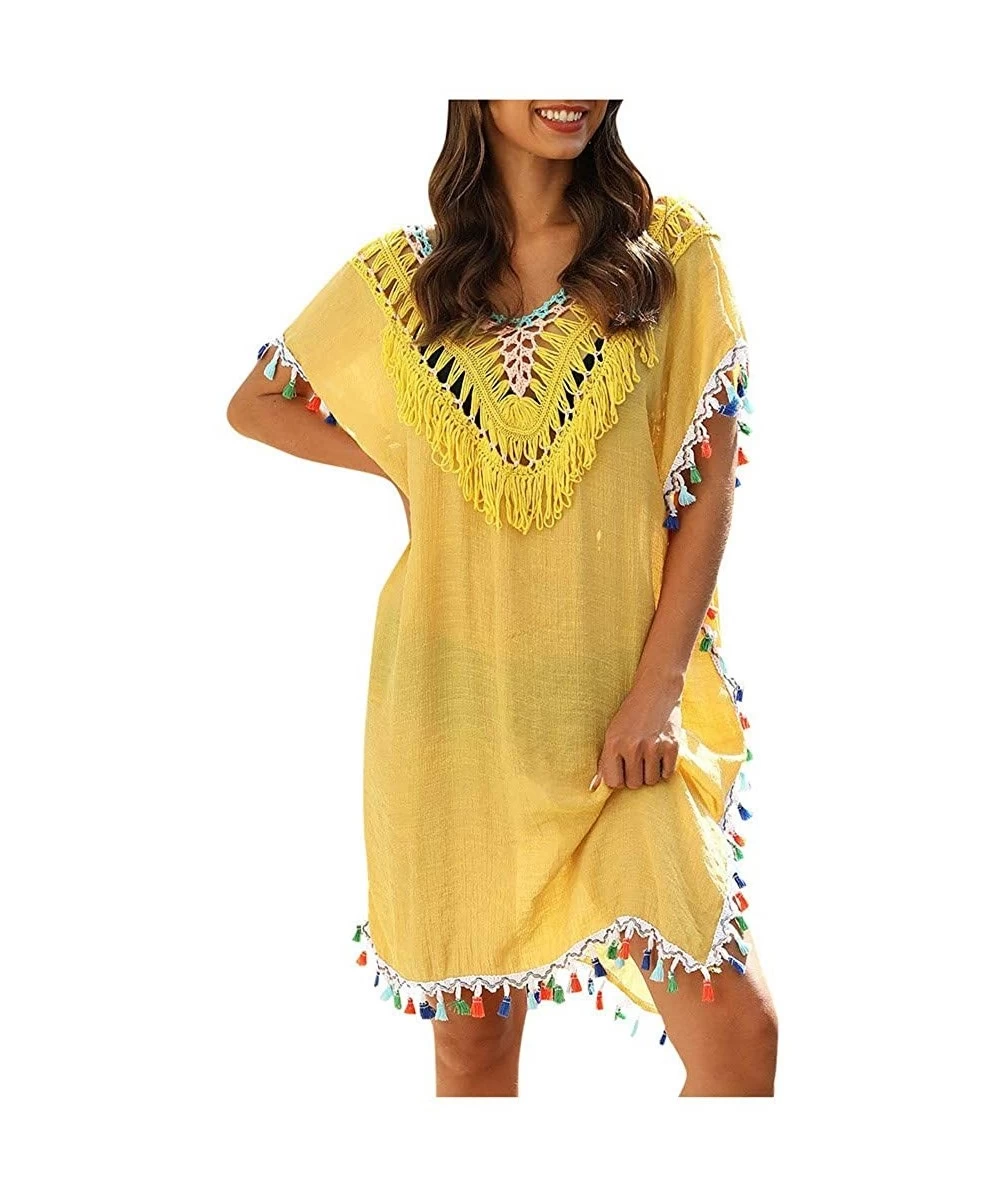 Cover-Ups Women Sexy Hollow Tassel Bikini Blouse Dress Swimwear Bathing Swimsuit Crochet Smock Beach Cover Up - Yellow - C119...