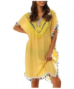 Cover-Ups Women Sexy Hollow Tassel Bikini Blouse Dress Swimwear Bathing Swimsuit Crochet Smock Beach Cover Up - Yellow - C119...