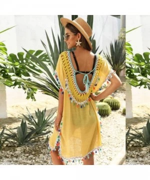 Cover-Ups Women Sexy Hollow Tassel Bikini Blouse Dress Swimwear Bathing Swimsuit Crochet Smock Beach Cover Up - Yellow - C119...