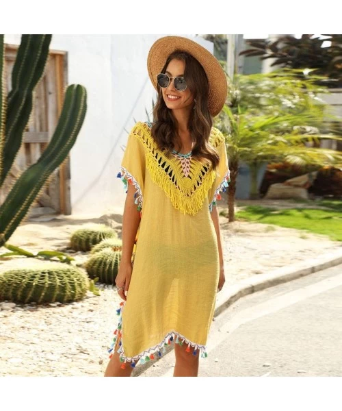 Cover-Ups Women Sexy Hollow Tassel Bikini Blouse Dress Swimwear Bathing Swimsuit Crochet Smock Beach Cover Up - Yellow - C119...