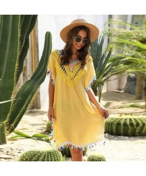 Cover-Ups Women Sexy Hollow Tassel Bikini Blouse Dress Swimwear Bathing Swimsuit Crochet Smock Beach Cover Up - Yellow - C119...