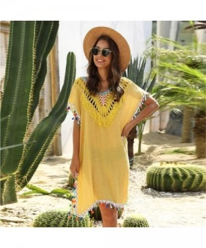 Cover-Ups Women Sexy Hollow Tassel Bikini Blouse Dress Swimwear Bathing Swimsuit Crochet Smock Beach Cover Up - Yellow - C119...