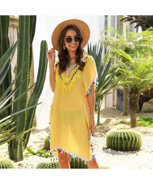 Cover-Ups Women Sexy Hollow Tassel Bikini Blouse Dress Swimwear Bathing Swimsuit Crochet Smock Beach Cover Up - Yellow - C119...