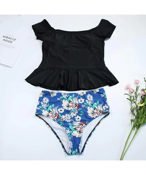 Sets Women Two Piece Swimsuit High Waisted Off Shoulder Ruffled Bikini Tankini Bathing Suits Set - Black - CN194AT4KT2