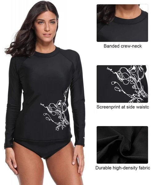 Rash Guards Rash Guard Women Long Sleeve Swim Top UV Sun Protection Swim Shirts - Black Floral - C5196Z3DTUT