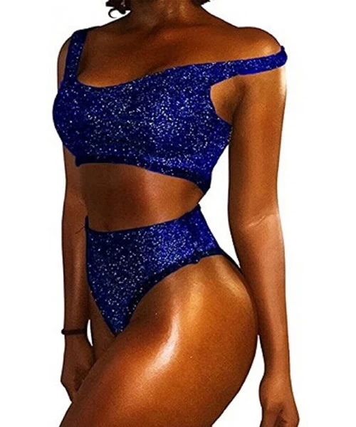 Sets Women Sequins Push-up Padded Crop Top Bikini Swimsuit Swimwear 2pcs Set Bathing Suits - Blue - CL18C5USIT7