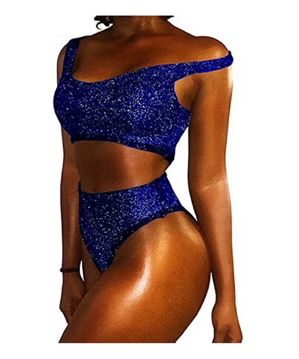 Sets Women Sequins Push-up Padded Crop Top Bikini Swimsuit Swimwear 2pcs Set Bathing Suits - Blue - CL18C5USIT7