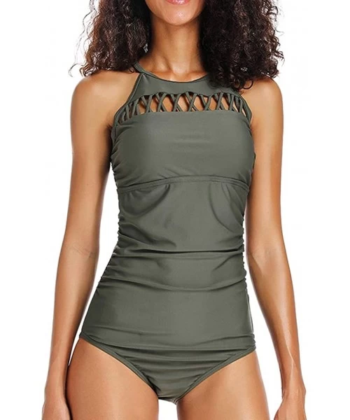 One-Pieces Women's Strappy Front High Neck One Piece Swimwear Tummy Control Bathing Suit Padded - Army Green - C318RG6KX3Z