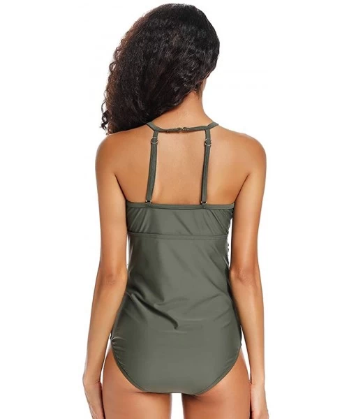 One-Pieces Women's Strappy Front High Neck One Piece Swimwear Tummy Control Bathing Suit Padded - Army Green - C318RG6KX3Z