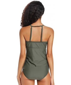 One-Pieces Women's Strappy Front High Neck One Piece Swimwear Tummy Control Bathing Suit Padded - Army Green - C318RG6KX3Z