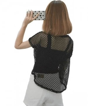 Cover-Ups Women's Short Sleeve See Through Sheer Mesh Fishnet T Shirt top - 02-black - CG18CXE9A55