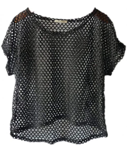 Cover-Ups Women's Short Sleeve See Through Sheer Mesh Fishnet T Shirt top - 02-black - CG18CXE9A55