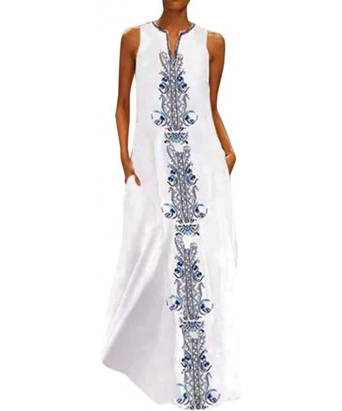 Cover-Ups Women's Sleeveless V-Neck Floor-Length Casual Dress with Pockets - C-white - C618UZ4D625