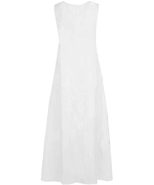 Cover-Ups Women's Sleeveless V-Neck Floor-Length Casual Dress with Pockets - C-white - C618UZ4D625