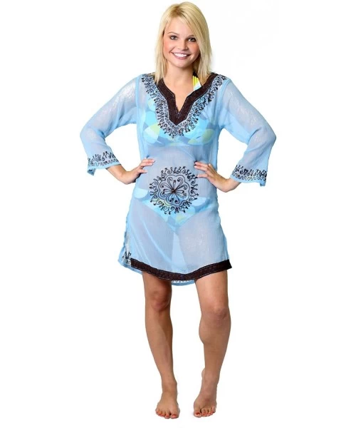 Cover-Ups Copacabana Long Sleeve Embroidered Beach Tunic/Cover Up - Turquoise - CF114KG6HZ9