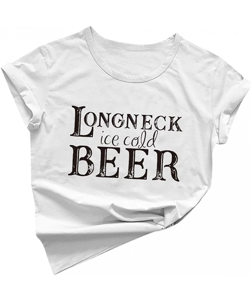 Board Shorts Longneck Ice Cold Beer Shirt Women T-Shirts with Funny Sayings for Women Letters Print Drinking Tee Tops - White...