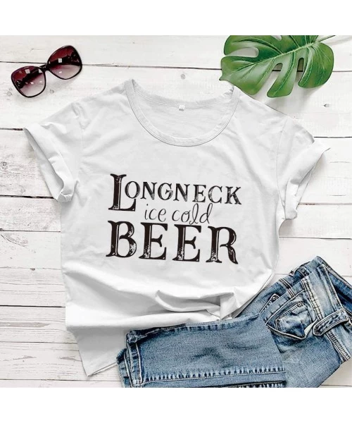 Board Shorts Longneck Ice Cold Beer Shirt Women T-Shirts with Funny Sayings for Women Letters Print Drinking Tee Tops - White...