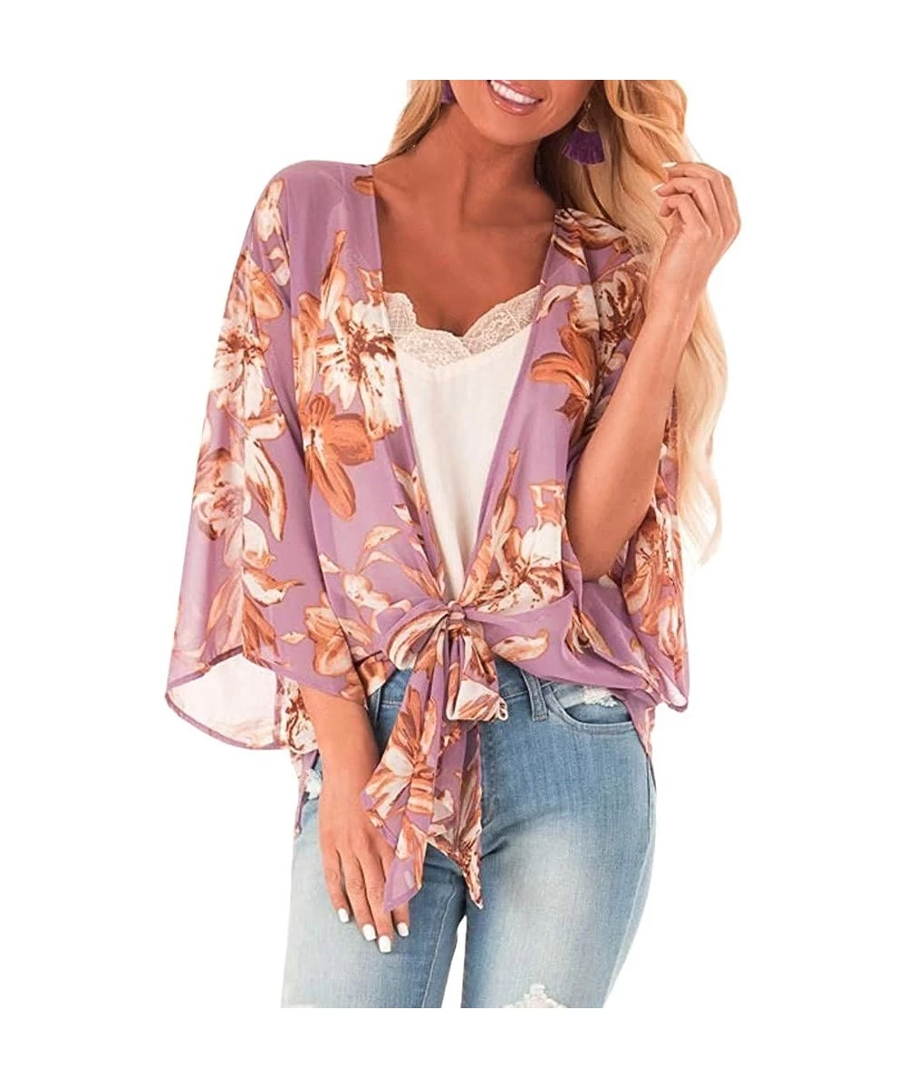 Cover-Ups Womens Kimono Cardigan- Boho Loose Half Sleeve Cover Up Smock Tops Blouses - 03 Purple - CW18TOGQI27