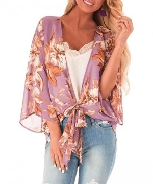 Cover-Ups Womens Kimono Cardigan- Boho Loose Half Sleeve Cover Up Smock Tops Blouses - 03 Purple - CW18TOGQI27