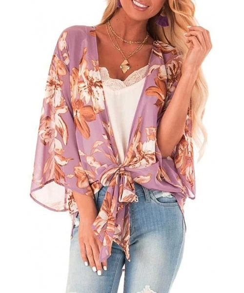 Cover-Ups Womens Kimono Cardigan- Boho Loose Half Sleeve Cover Up Smock Tops Blouses - 03 Purple - CW18TOGQI27