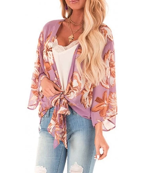 Cover-Ups Womens Kimono Cardigan- Boho Loose Half Sleeve Cover Up Smock Tops Blouses - 03 Purple - CW18TOGQI27