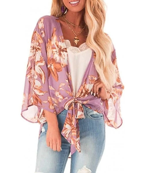 Cover-Ups Womens Kimono Cardigan- Boho Loose Half Sleeve Cover Up Smock Tops Blouses - 03 Purple - CW18TOGQI27