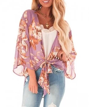 Cover-Ups Womens Kimono Cardigan- Boho Loose Half Sleeve Cover Up Smock Tops Blouses - 03 Purple - CW18TOGQI27