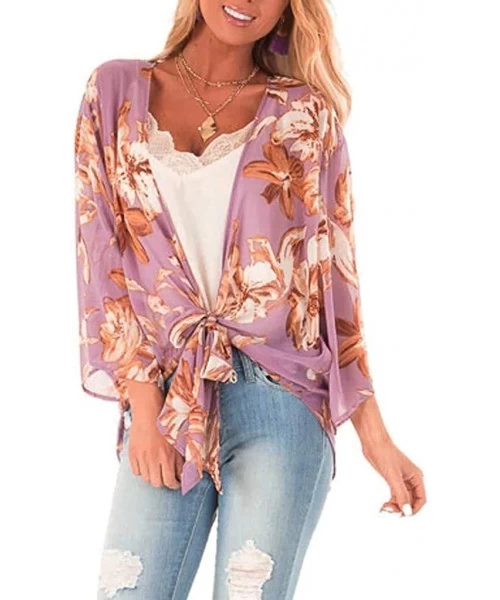 Cover-Ups Womens Kimono Cardigan- Boho Loose Half Sleeve Cover Up Smock Tops Blouses - 03 Purple - CW18TOGQI27