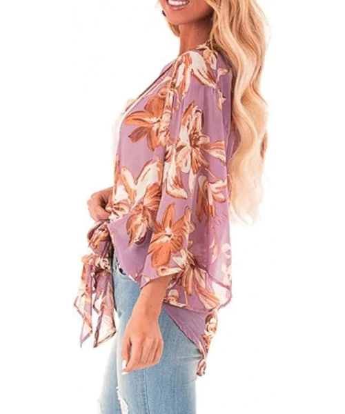 Cover-Ups Womens Kimono Cardigan- Boho Loose Half Sleeve Cover Up Smock Tops Blouses - 03 Purple - CW18TOGQI27