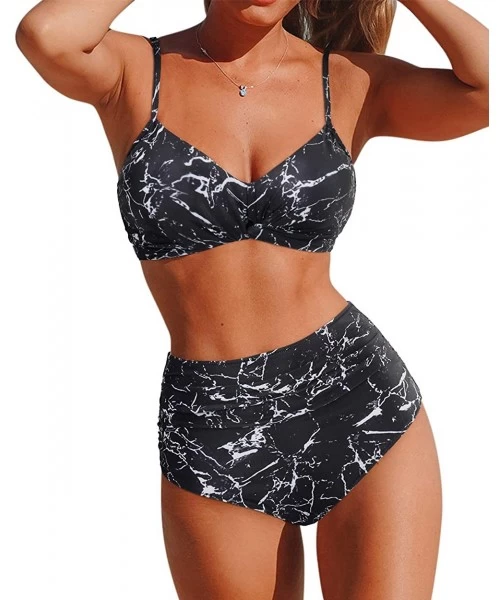 Sets Women Leopard High Waisted Bikini Set Front Twist Push Up Swimsuit 2 Piece Bathing Suits - Marble Black - CD196ML34EK