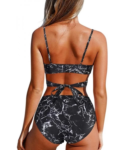 Sets Women Leopard High Waisted Bikini Set Front Twist Push Up Swimsuit 2 Piece Bathing Suits - Marble Black - CD196ML34EK